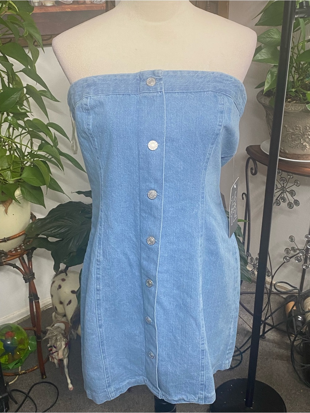 Strapless Light Blue Denim Mini Dress with Front Buttons